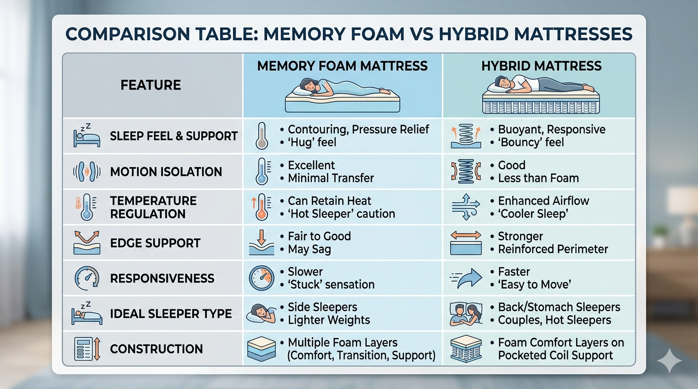 make a table comparing memory foam vs hybrid mattresses
